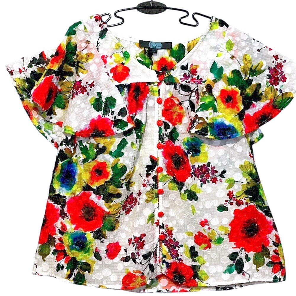 Eva Franco Floral Button Down Shirt orange button ruffle sheer S 4 Anthropologie